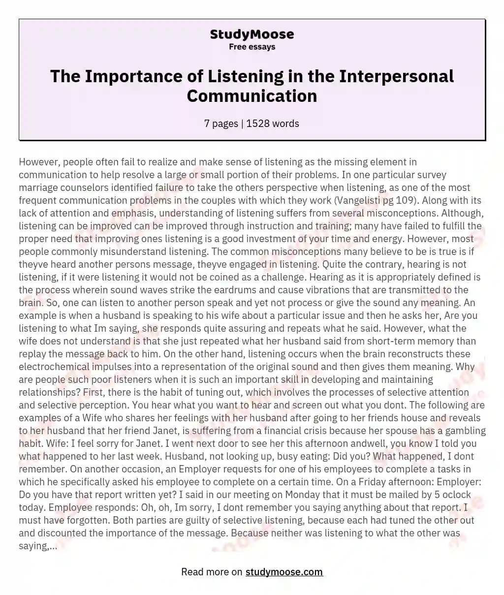 The Importance of Listening in the Interpersonal Communication essay