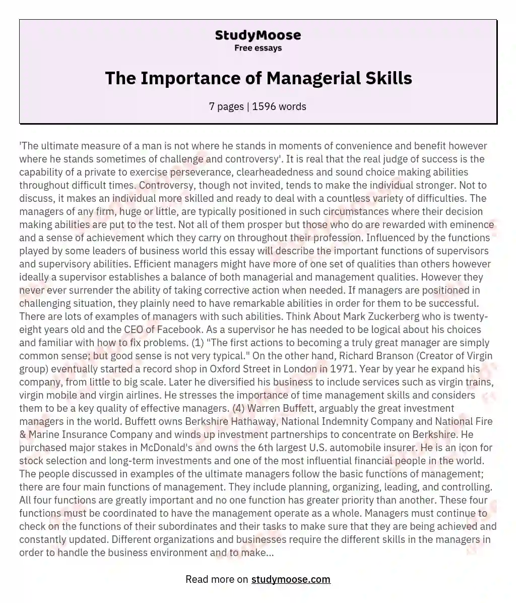 The Importance of Managerial Skills essay