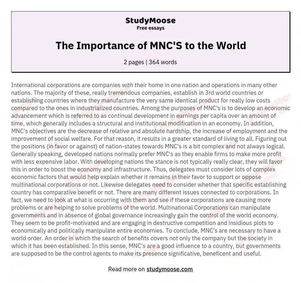 The Importance of MNC'S to the World essay