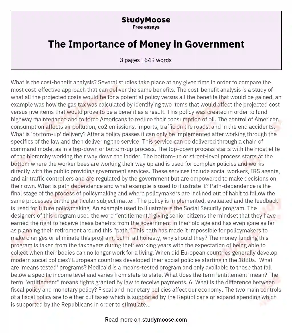 The Importance of Money in Government essay