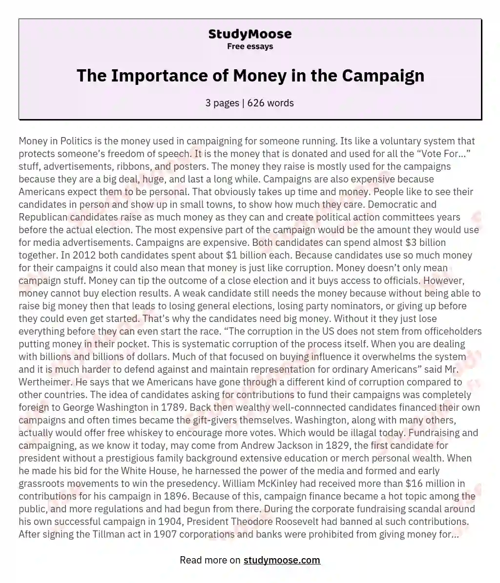 The Importance of Money in the Campaign essay