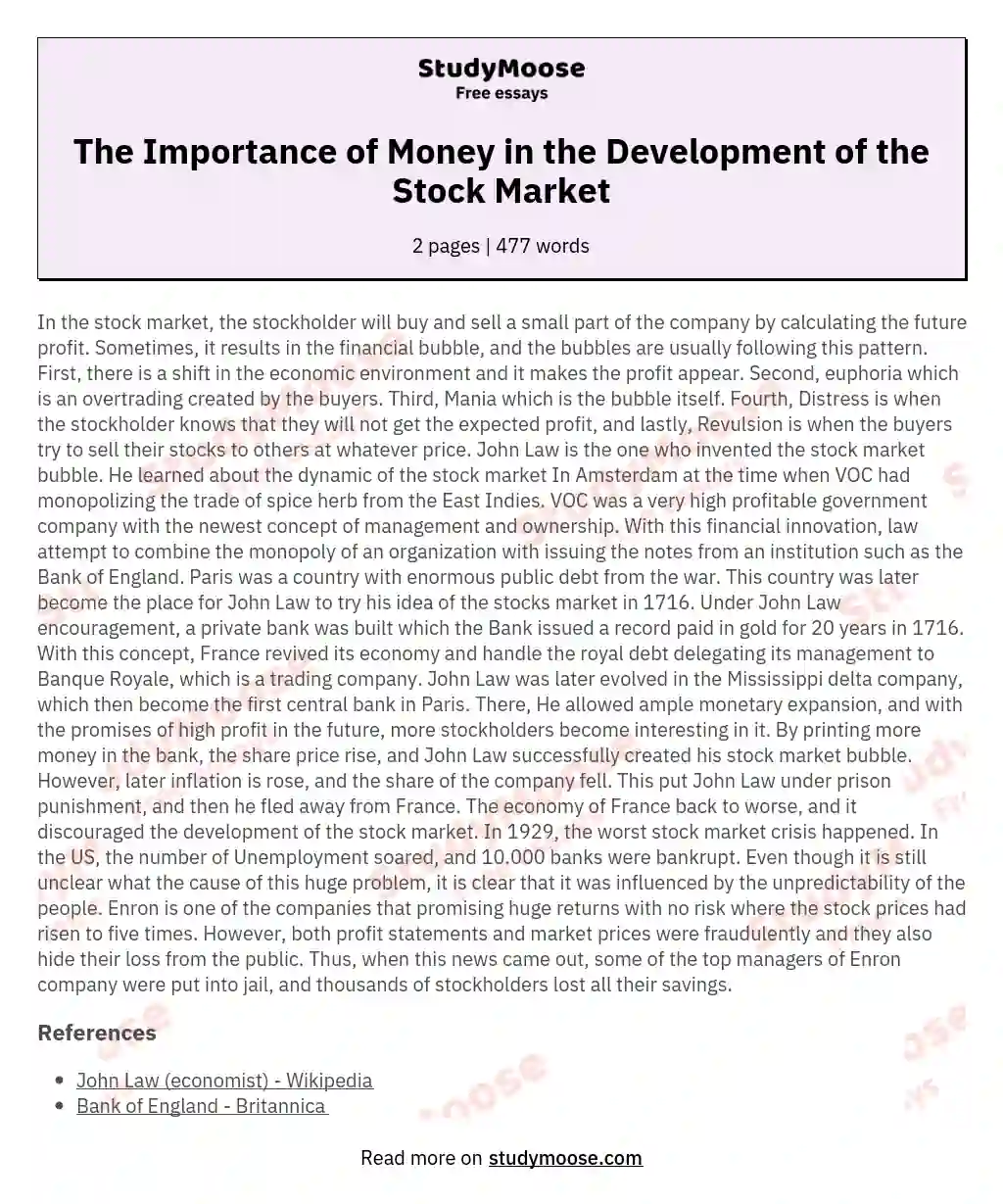 The Importance of Money in the Development of the Stock Market essay