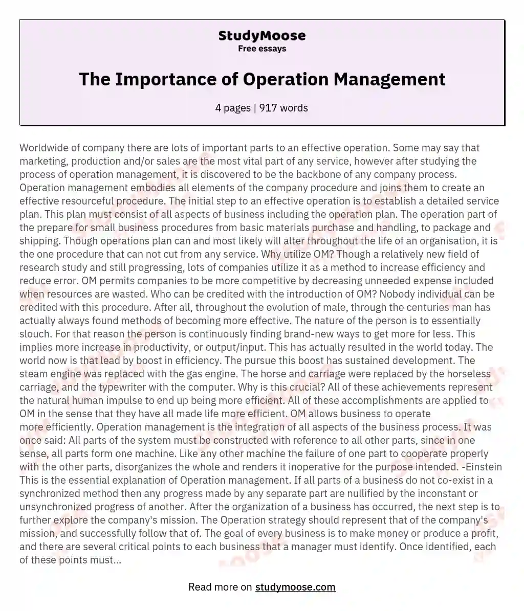 The Importance Of Operation Management Free Essay Example
