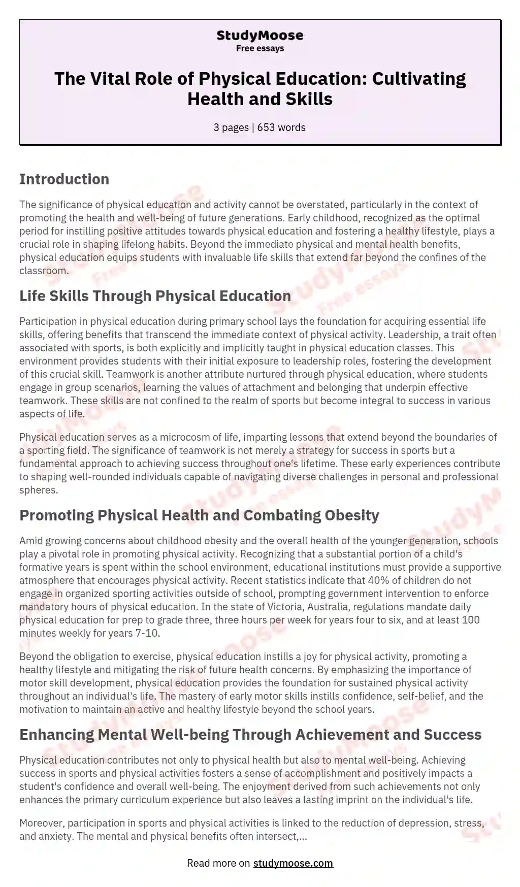 The Vital Role of Physical Education: Cultivating Health and Skills essay