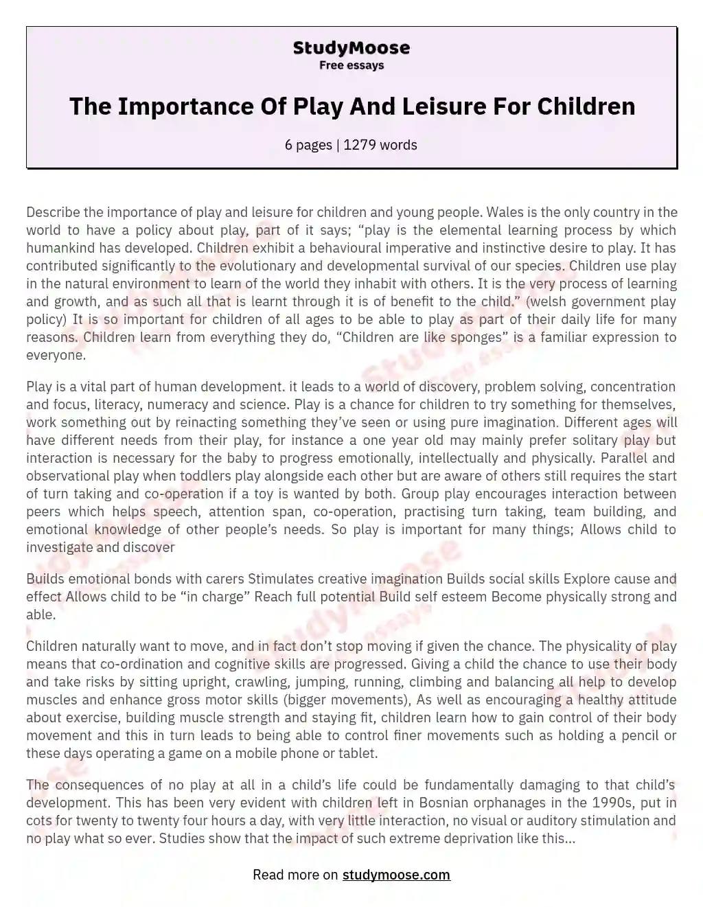 The Importance Of Play And Leisure For Children essay
