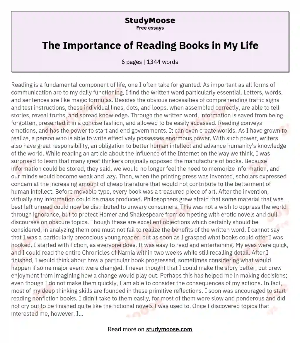The Importance of Reading Books in My Life essay