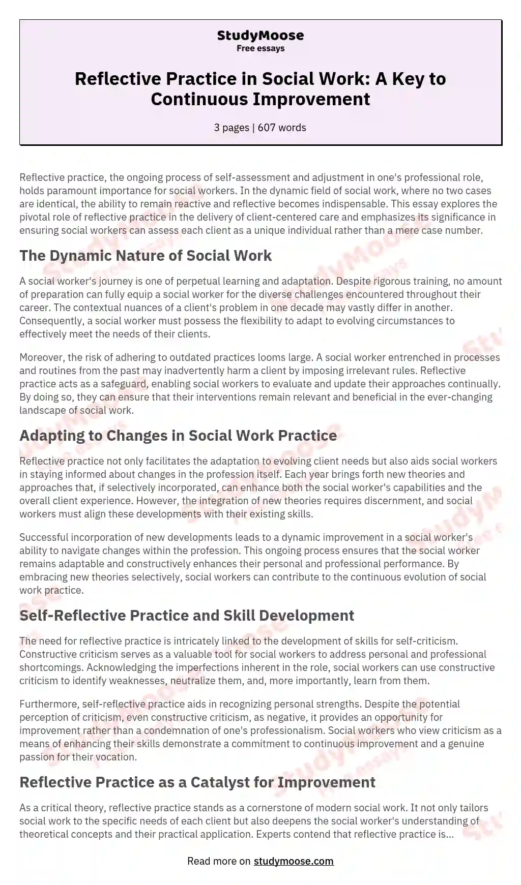Reflective Practice in Social Work: A Key to Continuous Improvement essay