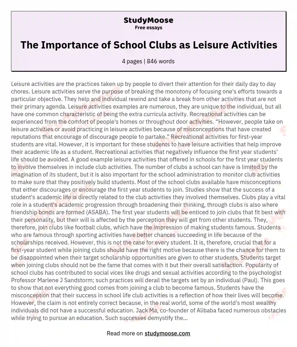 The Importance of School Clubs as Leisure Activities essay