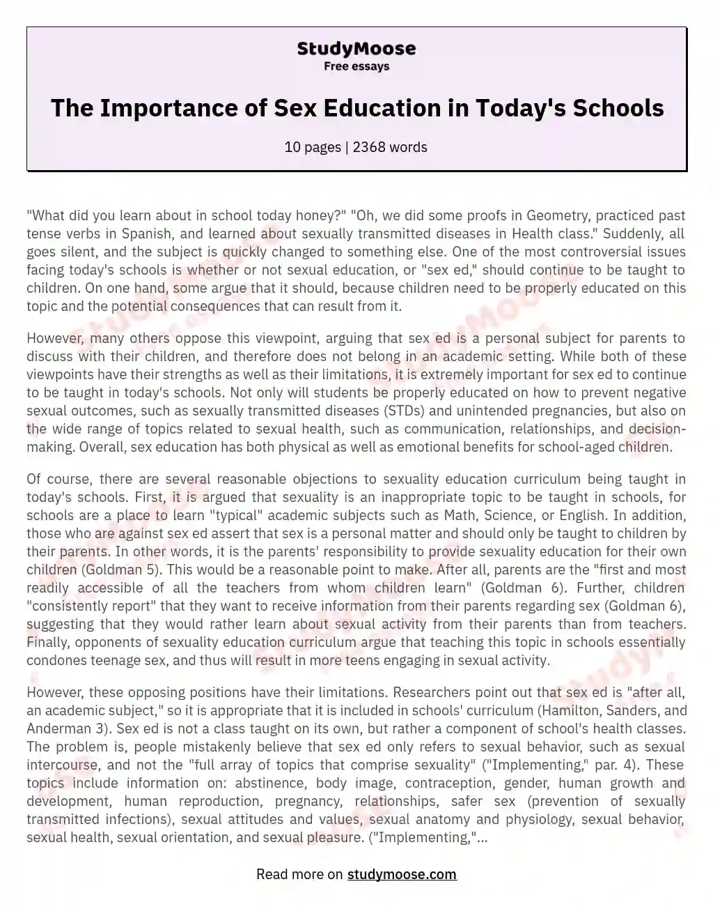 sex education in schools essay