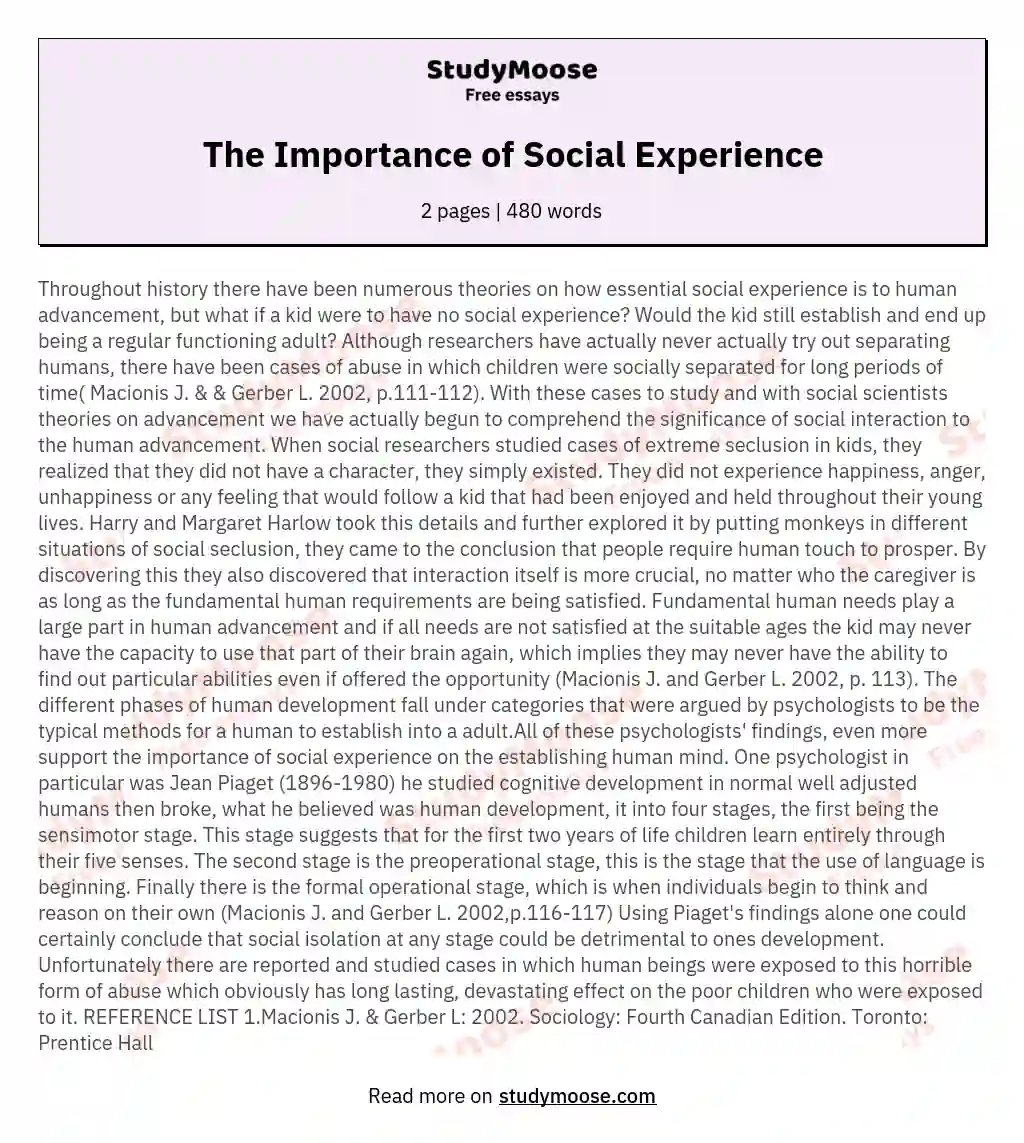 The Importance of Social Experience essay