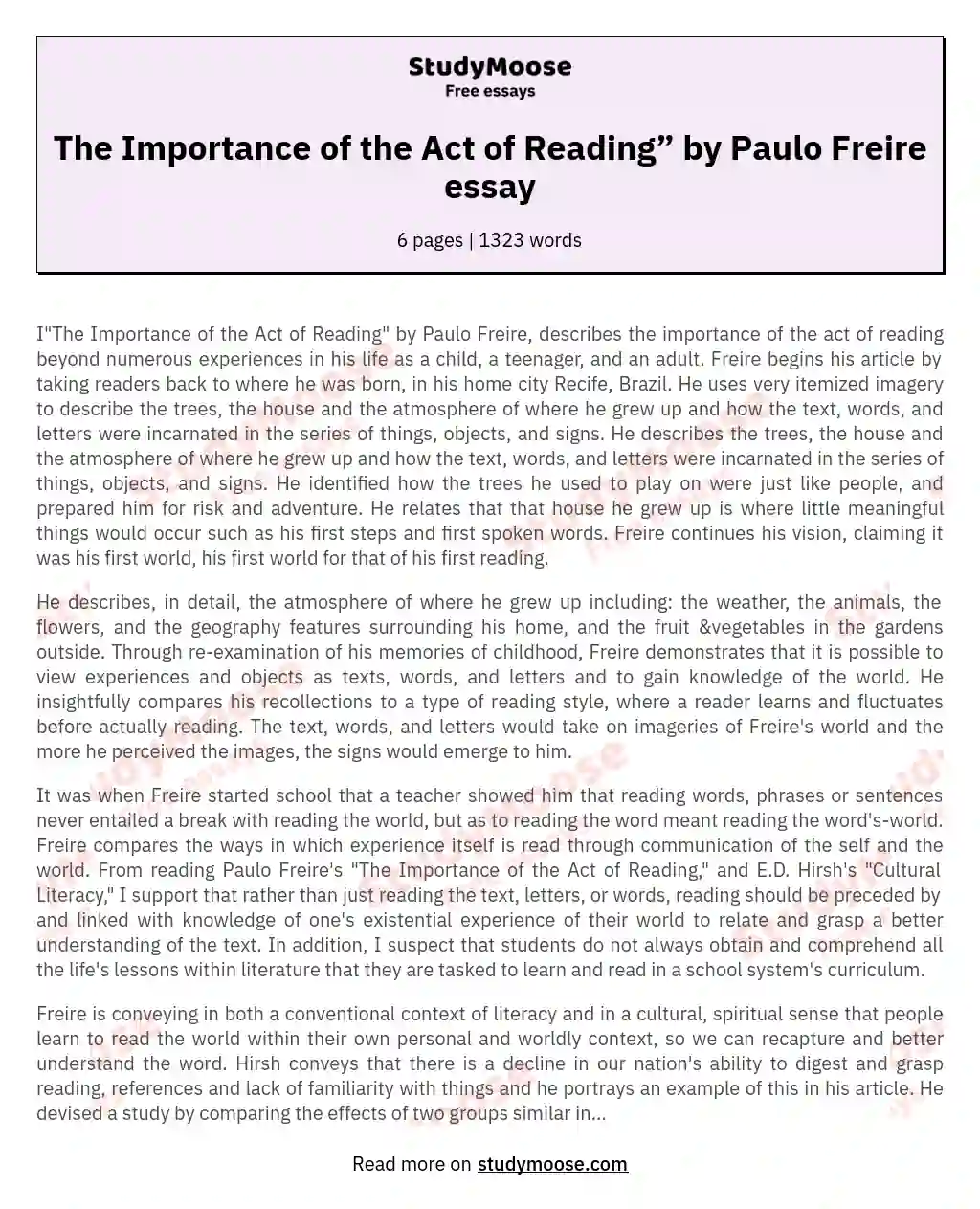 The Importance of the Act of Reading” by Paulo Freire essay