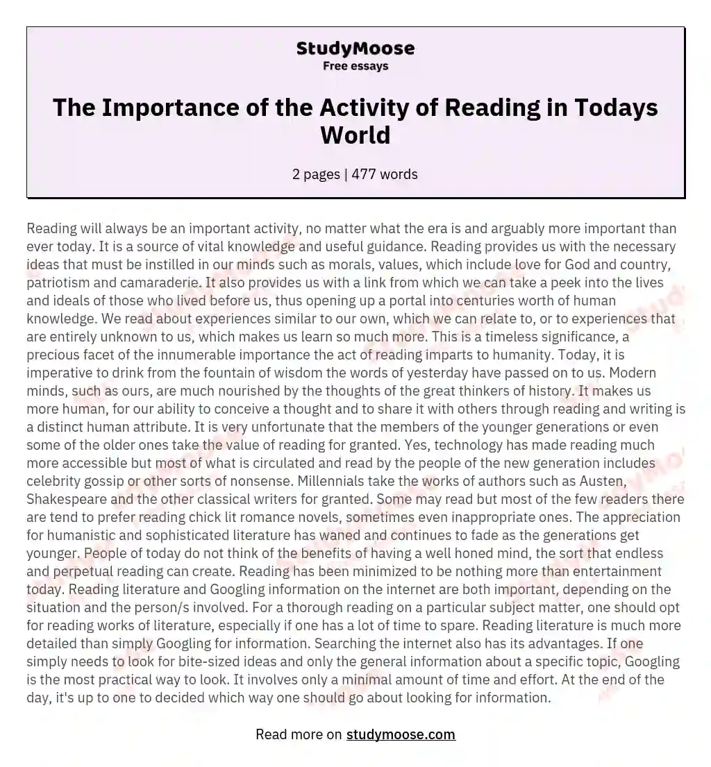 The Importance of the Activity of Reading in Todays World essay