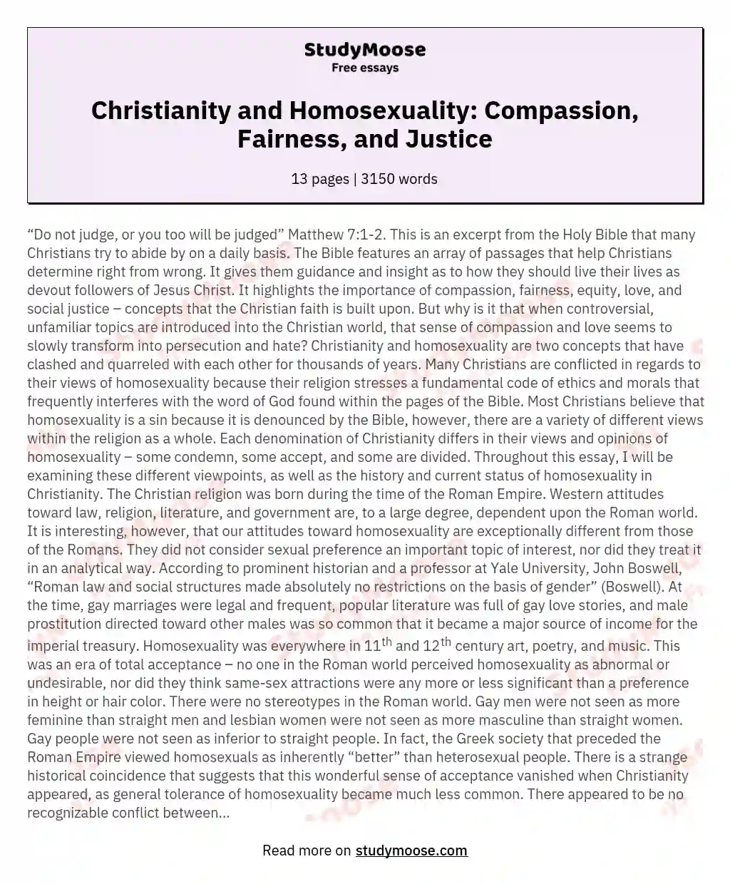 The Importance of the Concept of Compassion, Fairness, Equality, Love, and Social Justice in the Perspective of Christianity on Homosexuality
