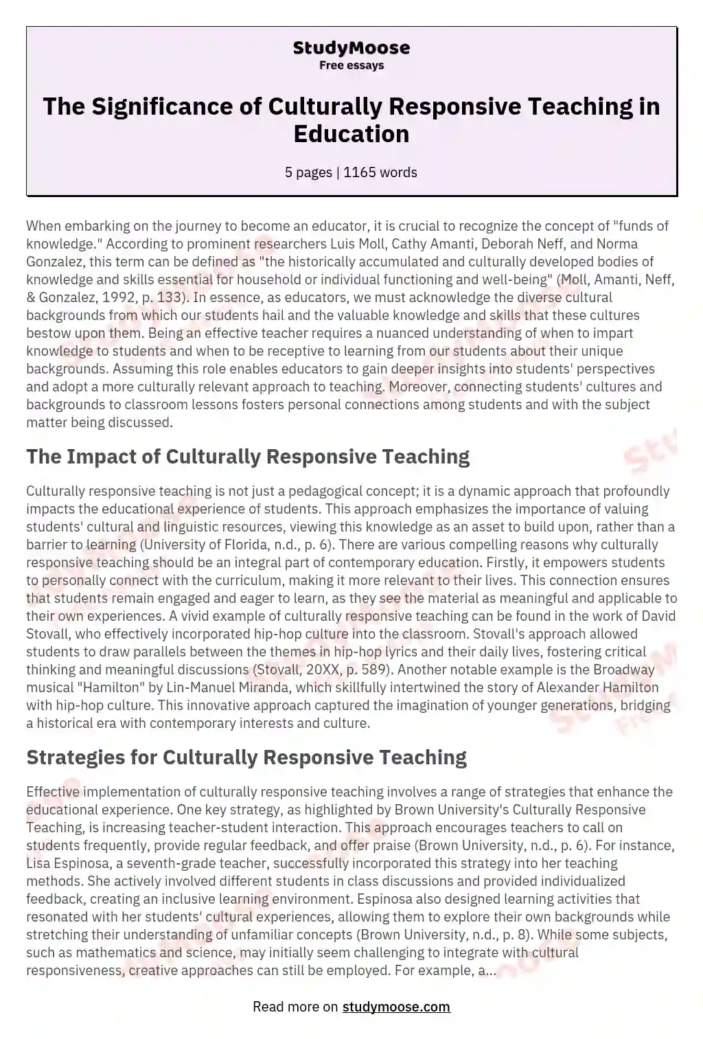 The Significance of Culturally Responsive Teaching in Education essay