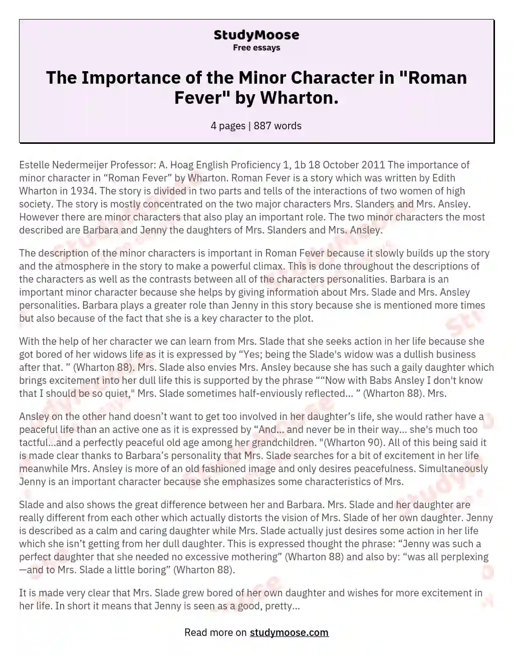 The Importance of the Minor Character in "Roman Fever" by Wharton. essay