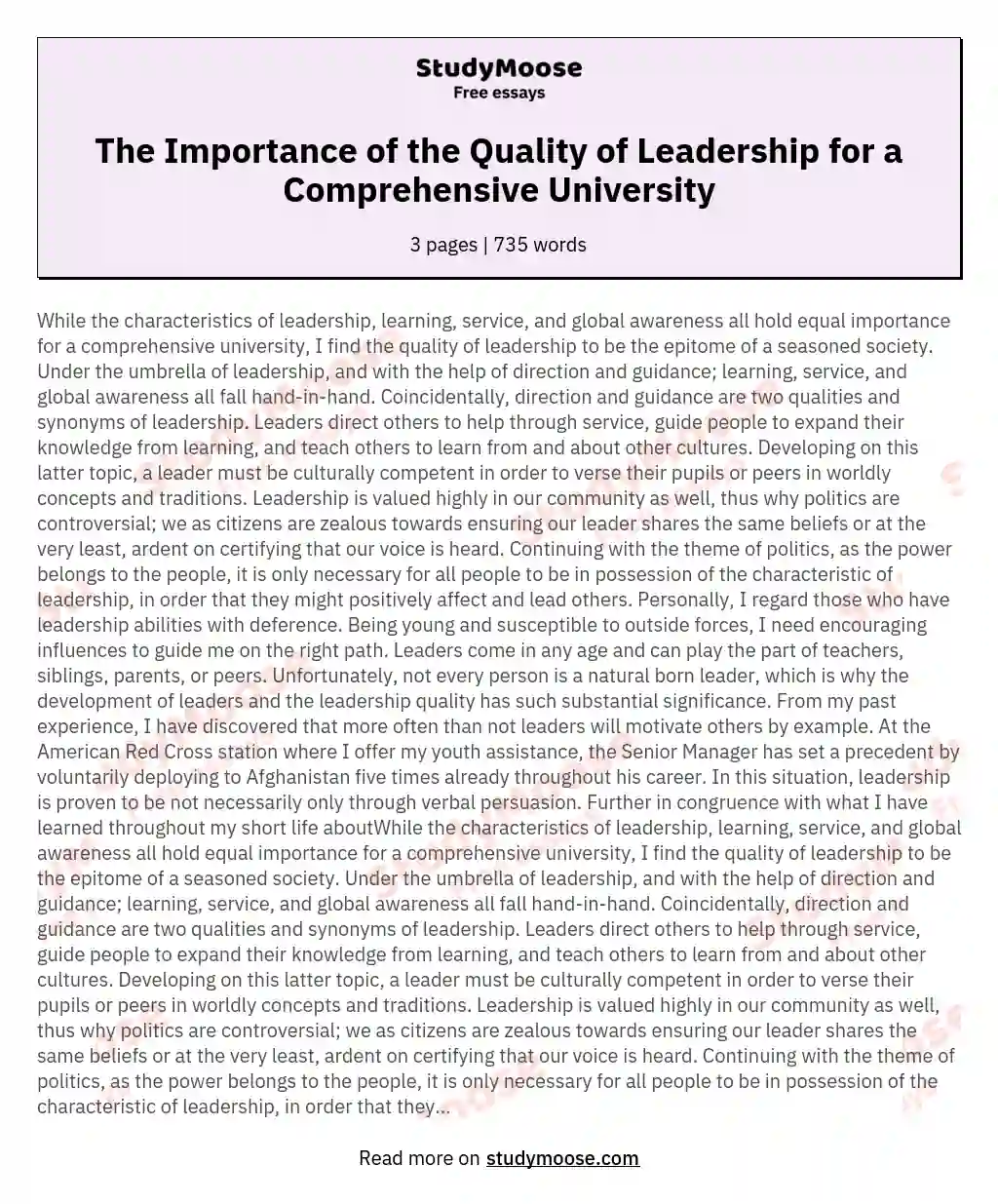 The Importance of the Quality of Leadership for a Comprehensive University essay
