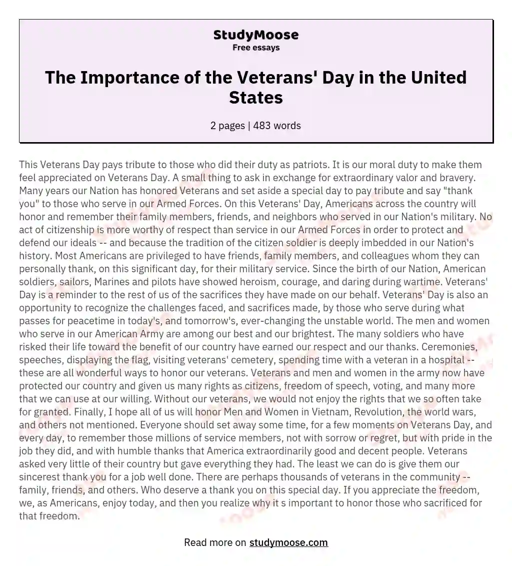 The Importance of the Veterans' Day in the United States essay