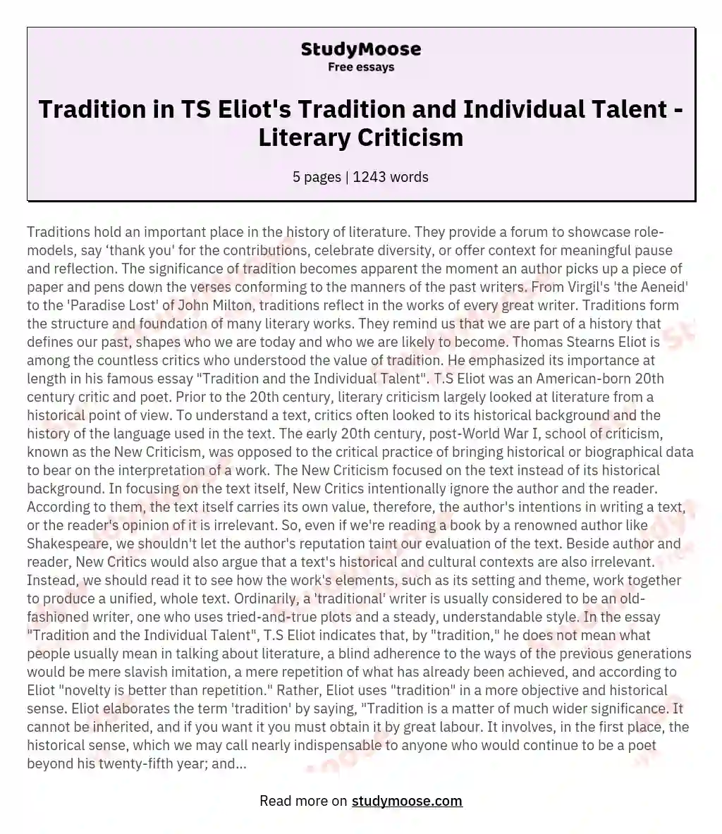Tradition in TS Eliot's Tradition and Individual Talent - Literary Criticism essay