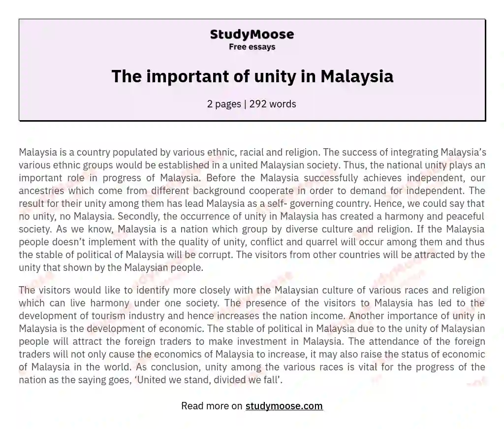 The important of unity in Malaysia essay