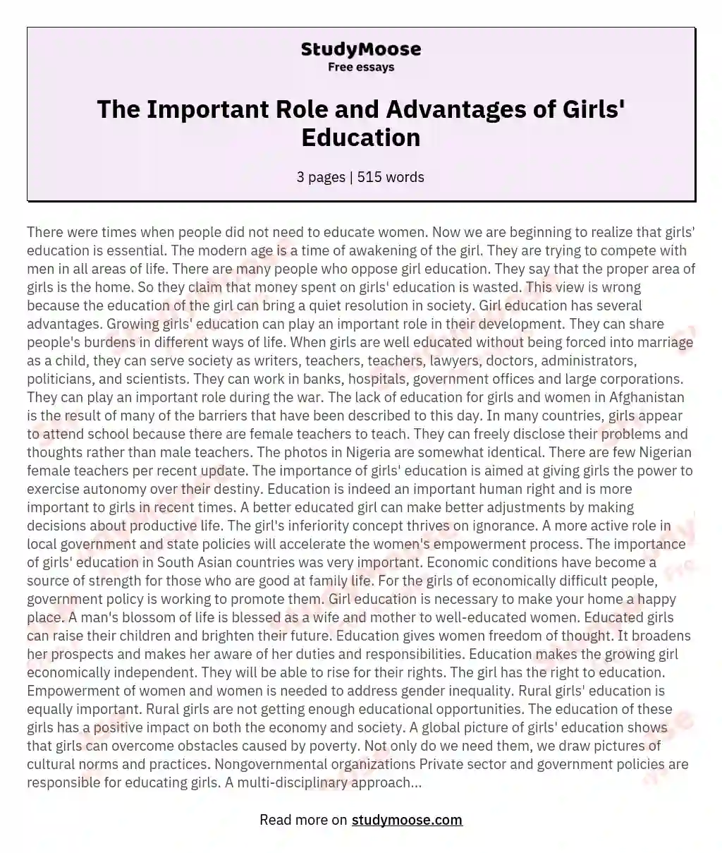 The Important Role and Advantages of Girls' Education essay