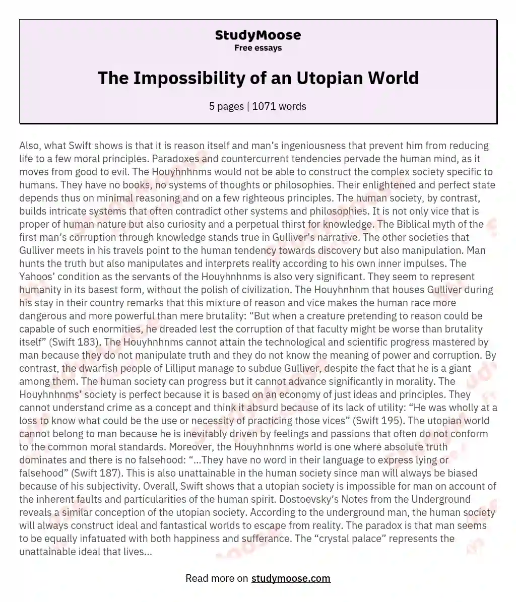 The Impossibility of an Utopian World essay