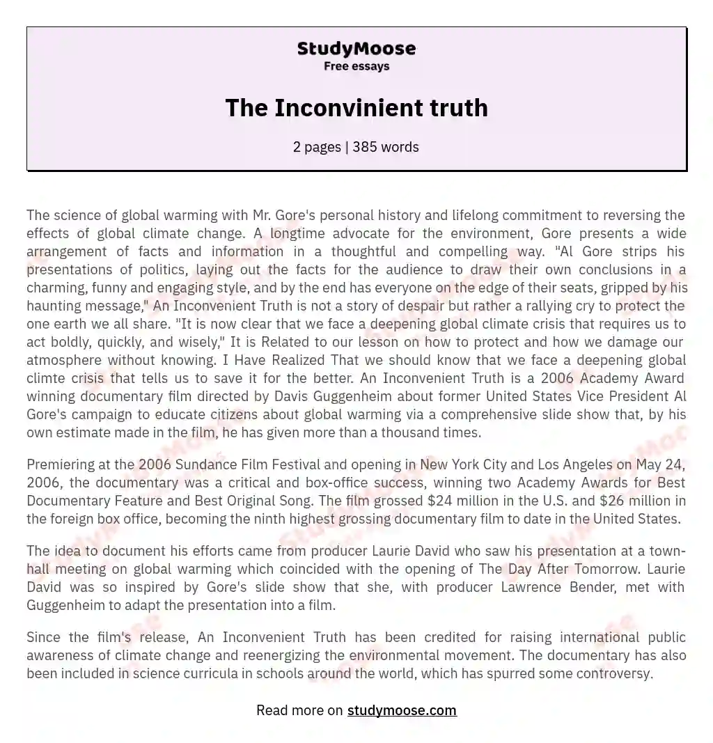 The Inconvinient truth essay