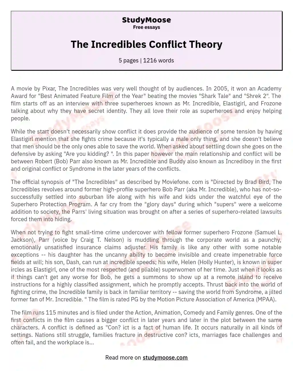 The Incredibles Conflict Theory essay