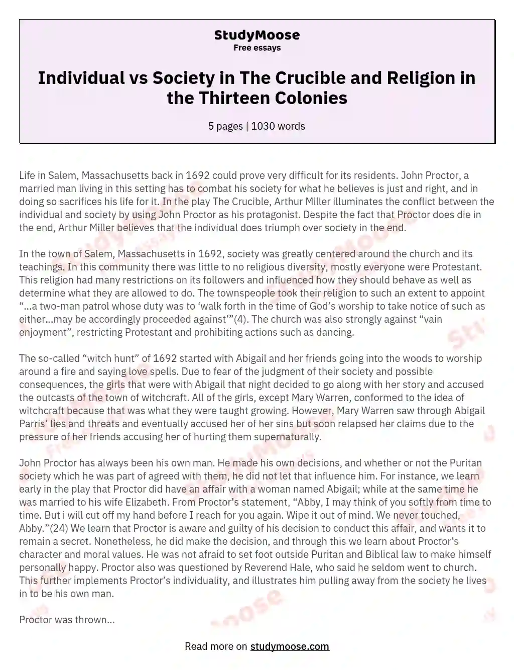 Individual vs Society in The Crucible and Religion in the Thirteen Colonies essay
