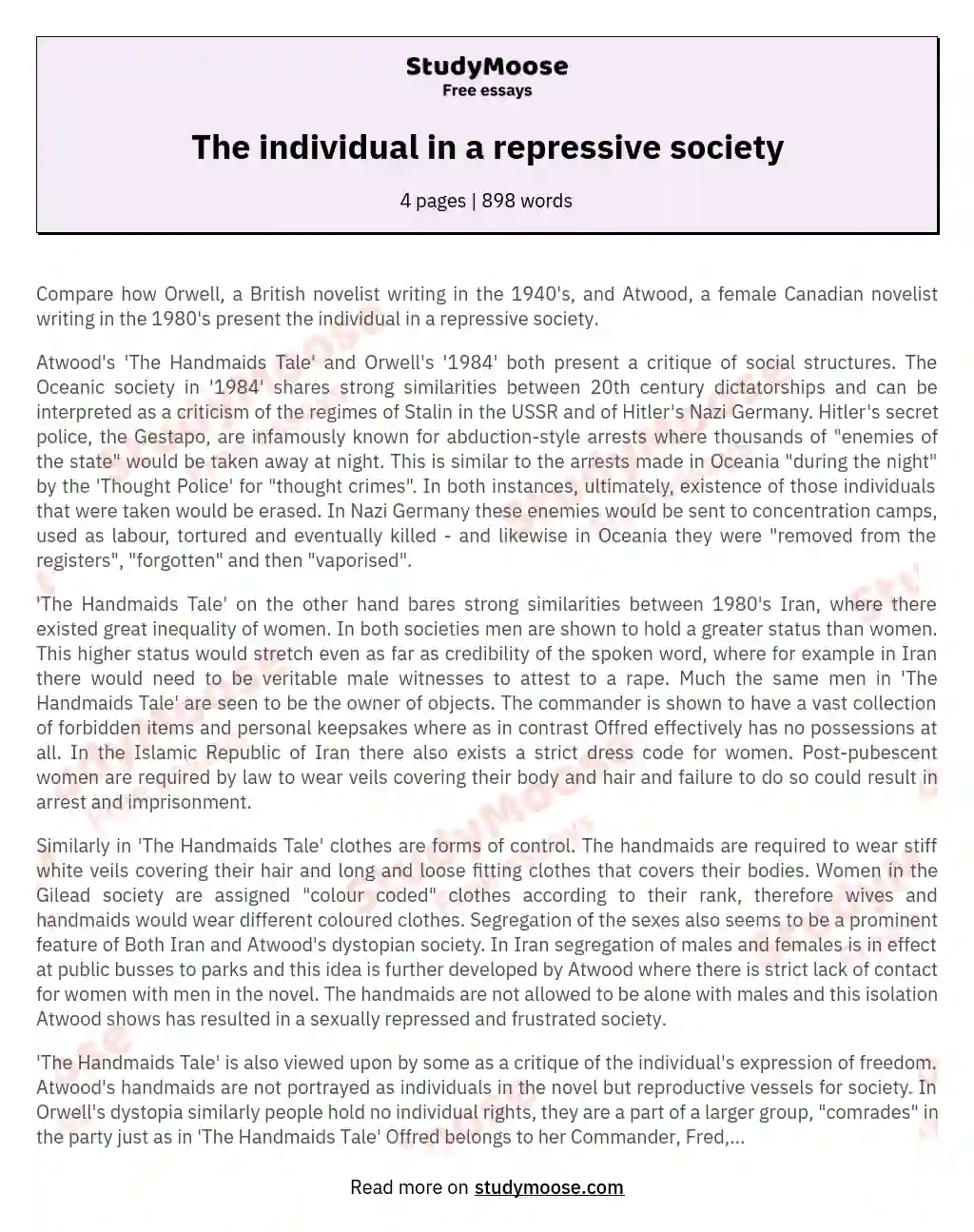The individual in a repressive society essay