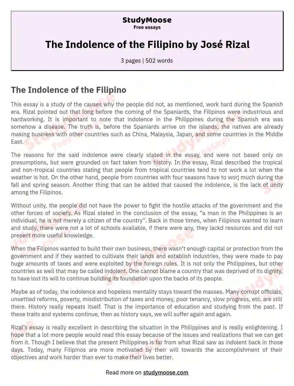 The Indolence of the Filipino by José Rizal essay
