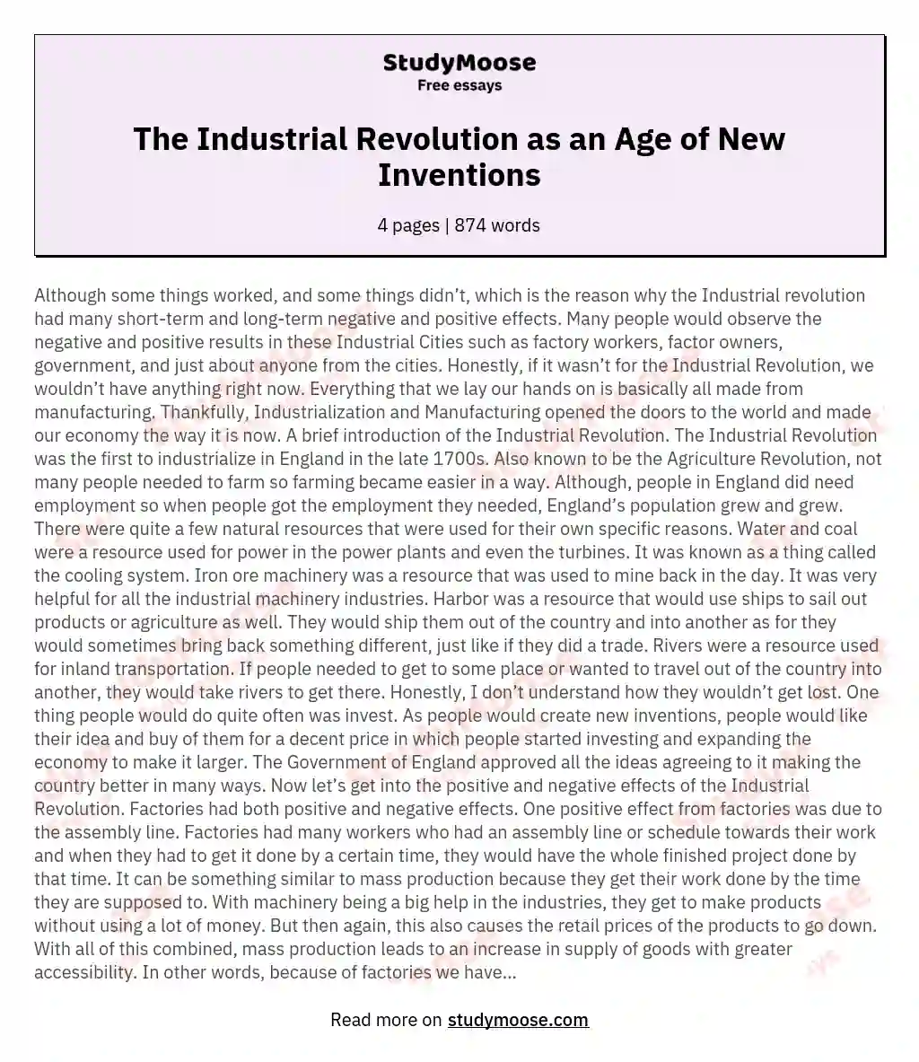 The Industrial Revolution as an Age of New Inventions essay