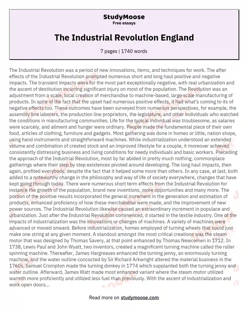 The Industrial Revolution England essay
