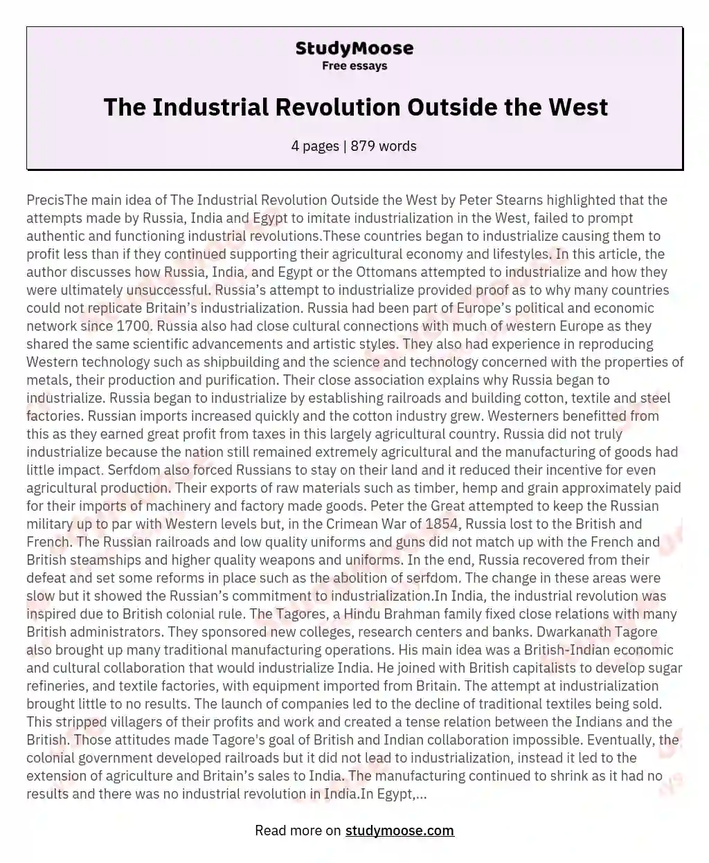 The Industrial Revolution Outside the West essay