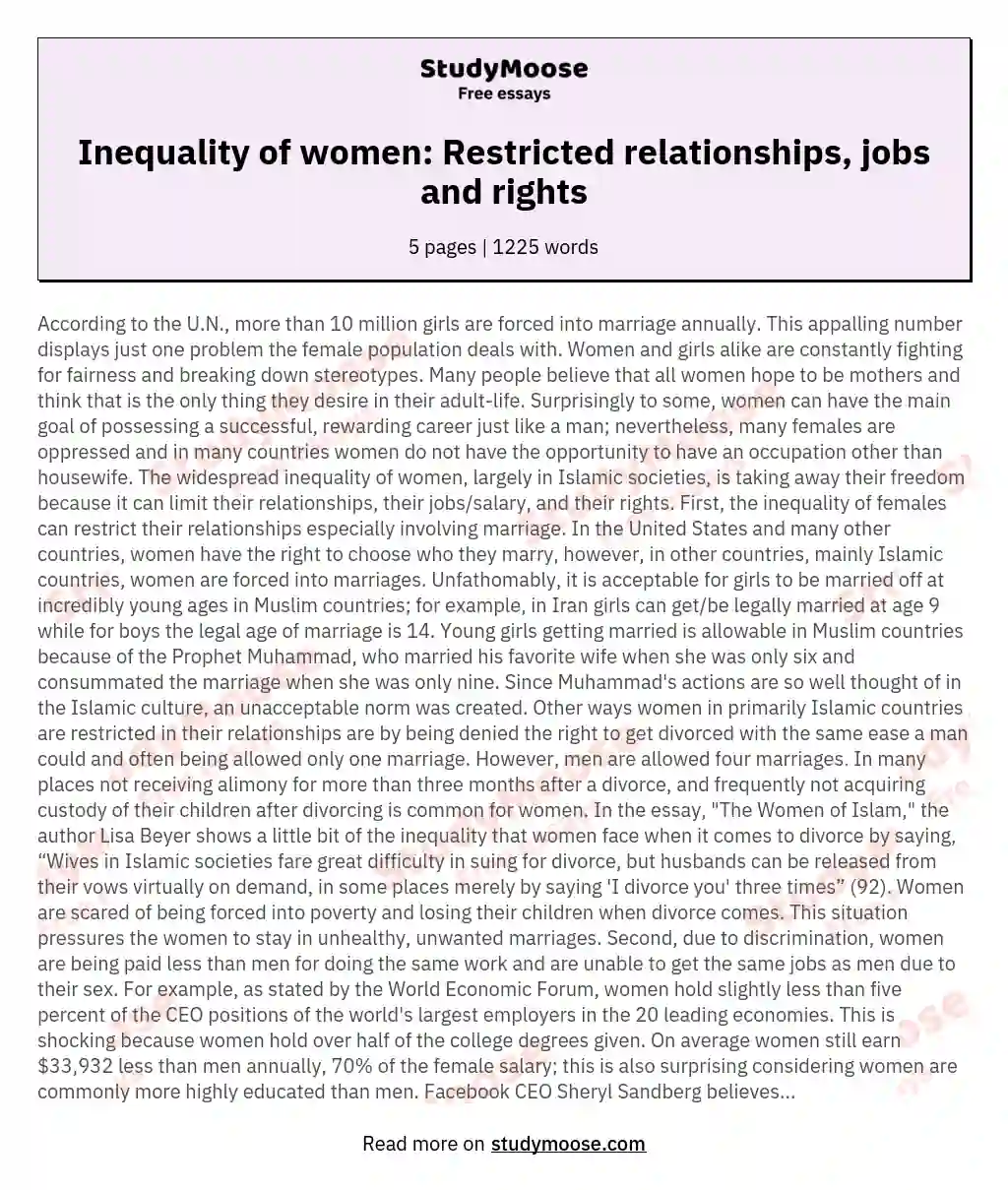 The Inequality of Women in Our World: The Restriction of Their Relationships, Their Job Opportunities, and Their Rights