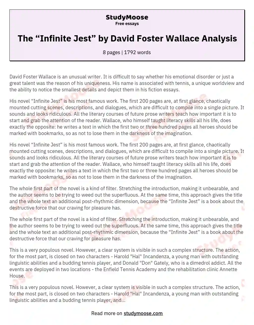 The “Infinite Jest” by David Foster Wallace Analysis essay