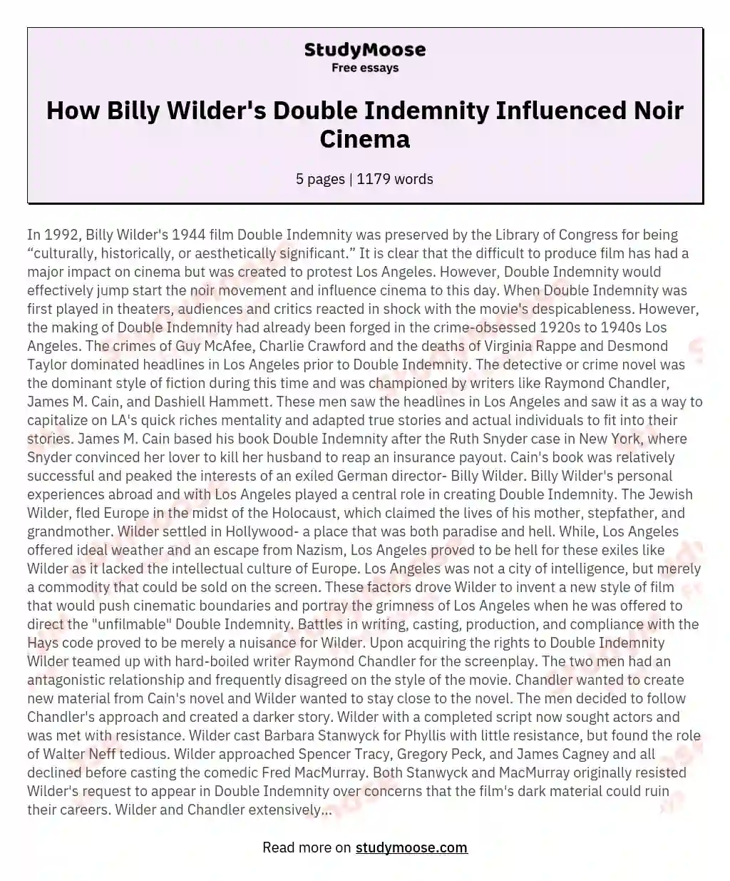 How Billy Wilder's Double Indemnity Influenced Noir Cinema essay