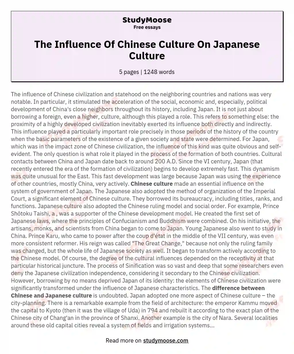 The Influence Of Chinese Culture On Japanese Culture essay