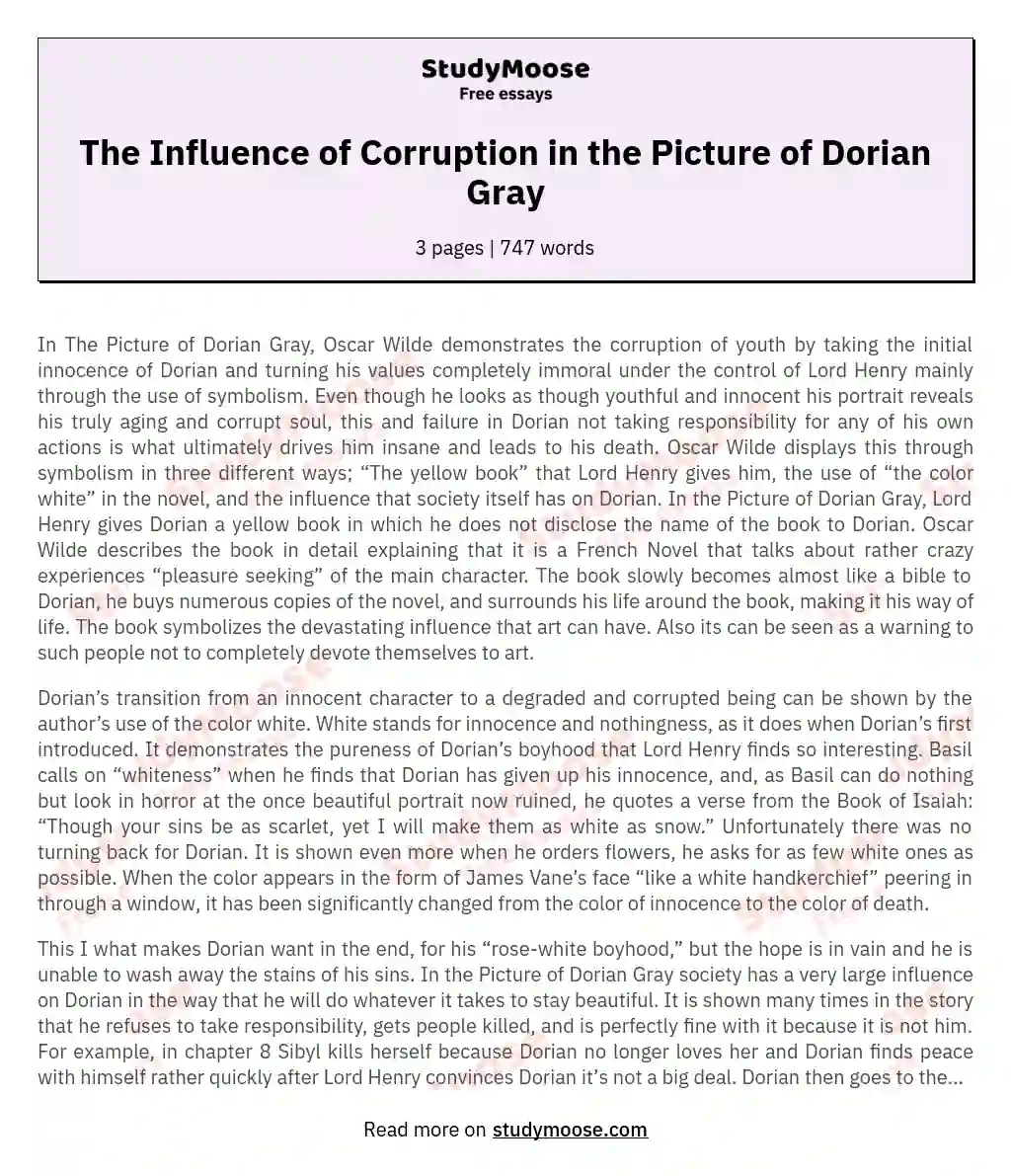 The Influence of Corruption in the Picture of Dorian Gray essay