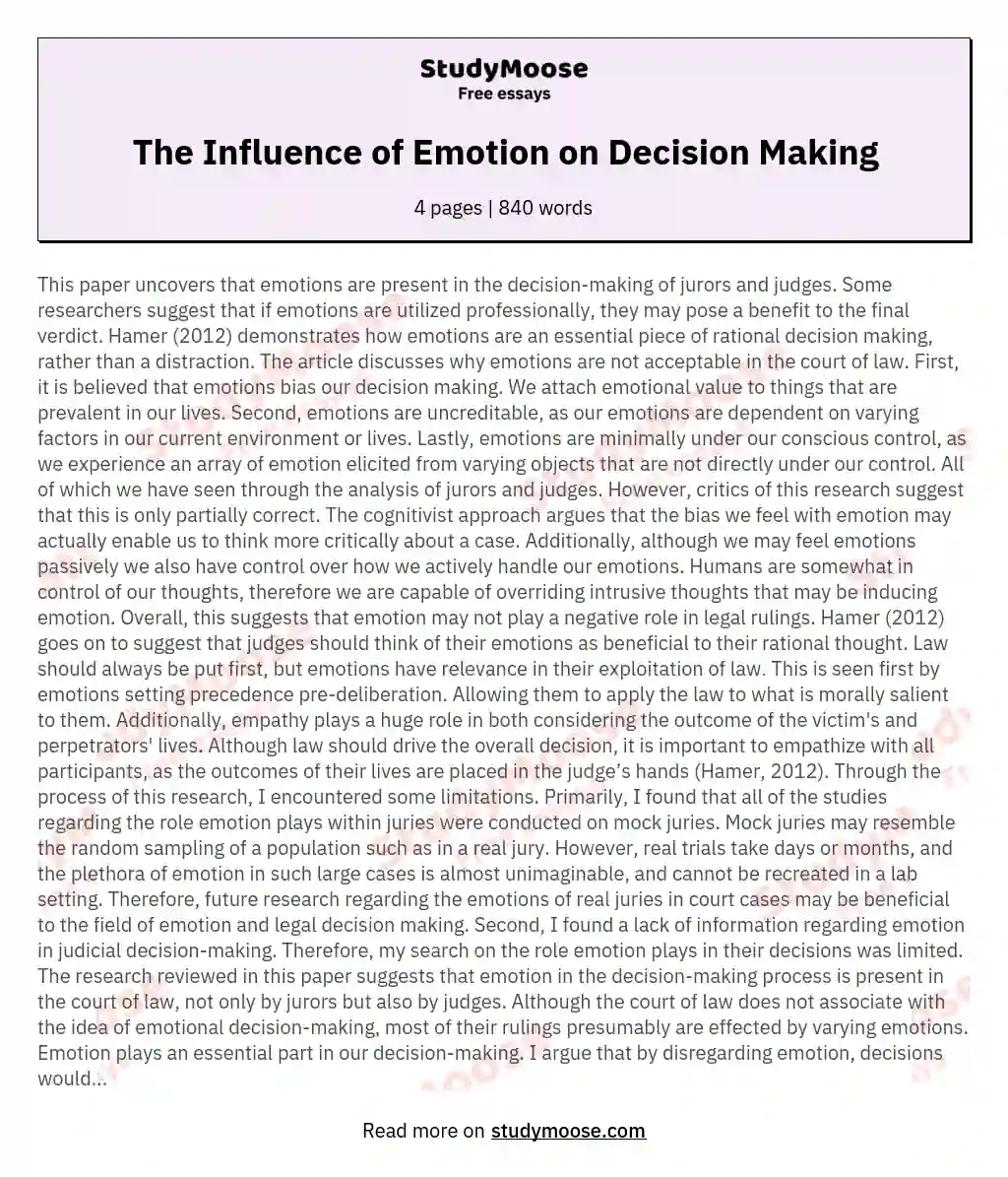 The Influence of Emotion on Decision Making essay