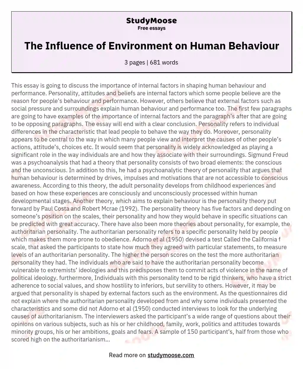 The Influence of Environment on Human Behaviour essay