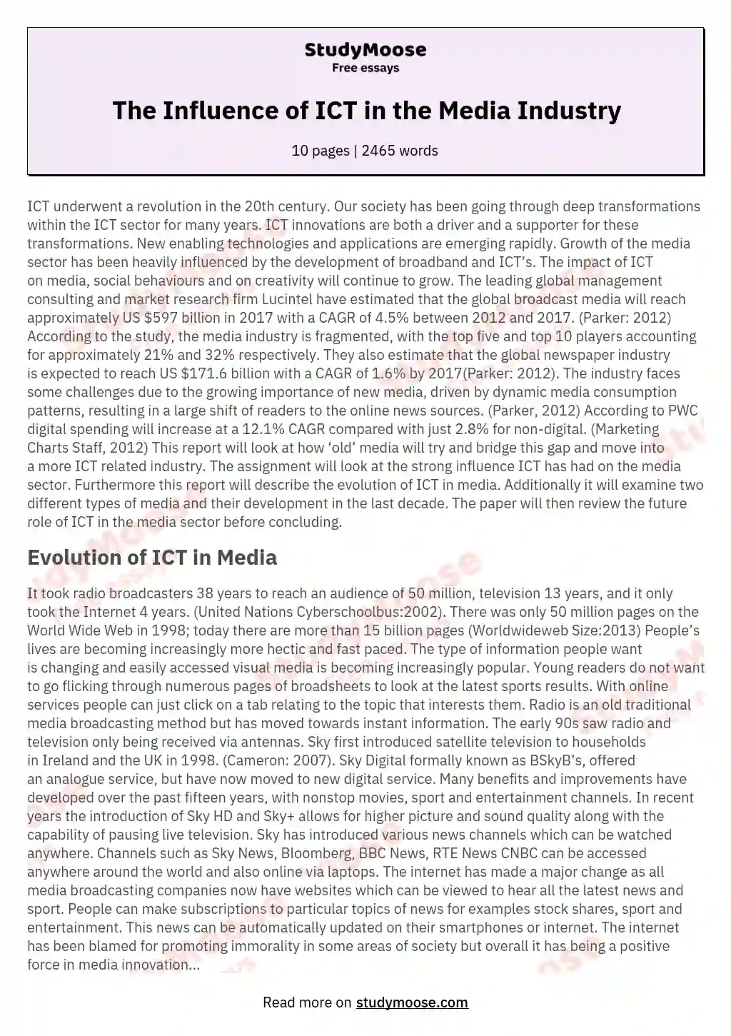 The Influence of ICT in the Media Industry essay