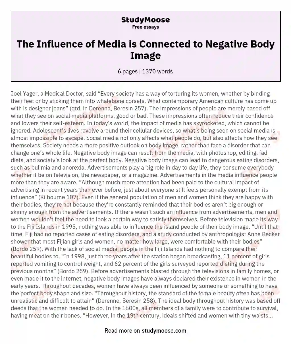 The Influence of Media is Connected to Negative Body Image essay