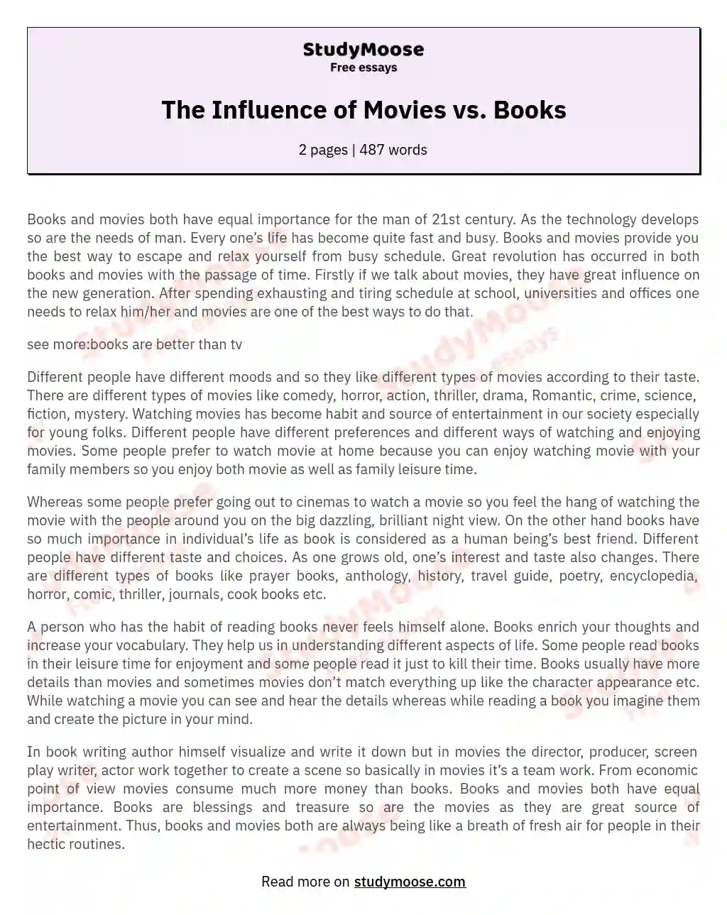 The Influence of Movies vs. Books essay