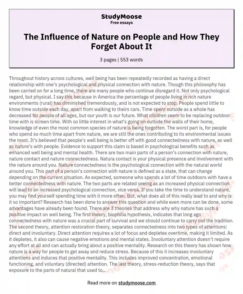 The Influence of Nature on People and How They Forget About It essay