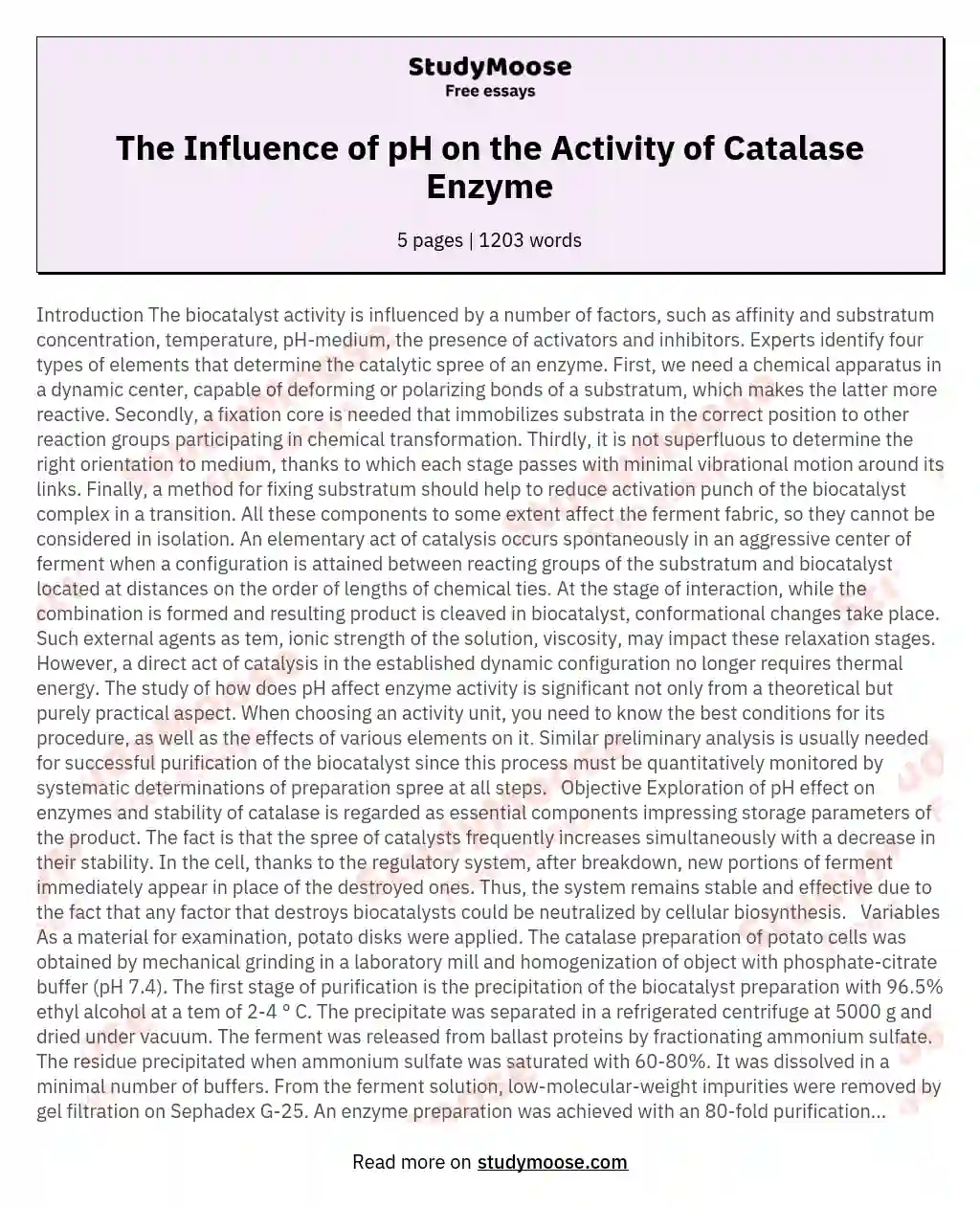 The Influence of pH on the Activity of Catalase Enzyme essay