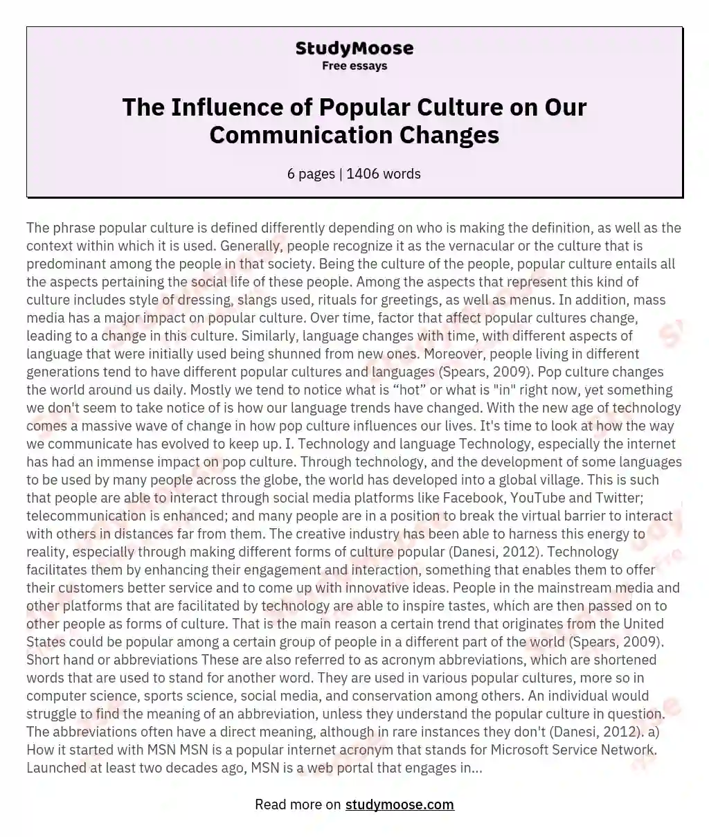 The Influence of Popular Culture on Our Communication Changes essay