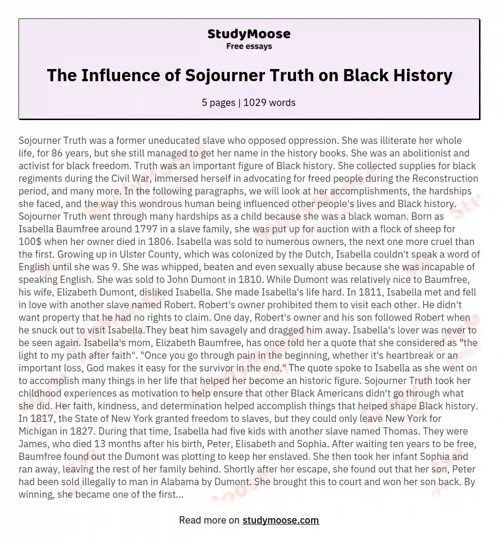 The Influence of Sojourner Truth on Black History essay