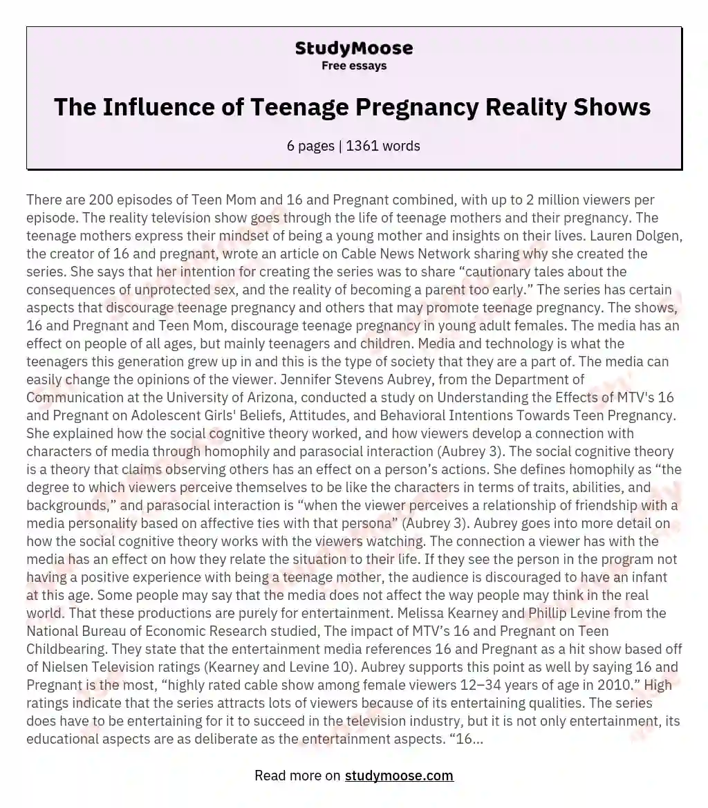 The Influence of Teenage Pregnancy Reality Shows 