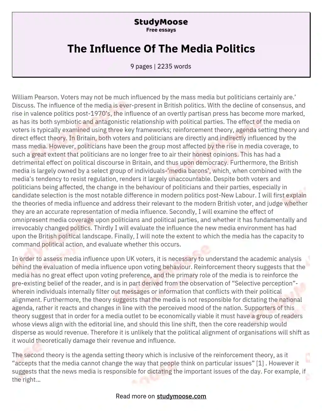 The Influence Of The Media Politics essay