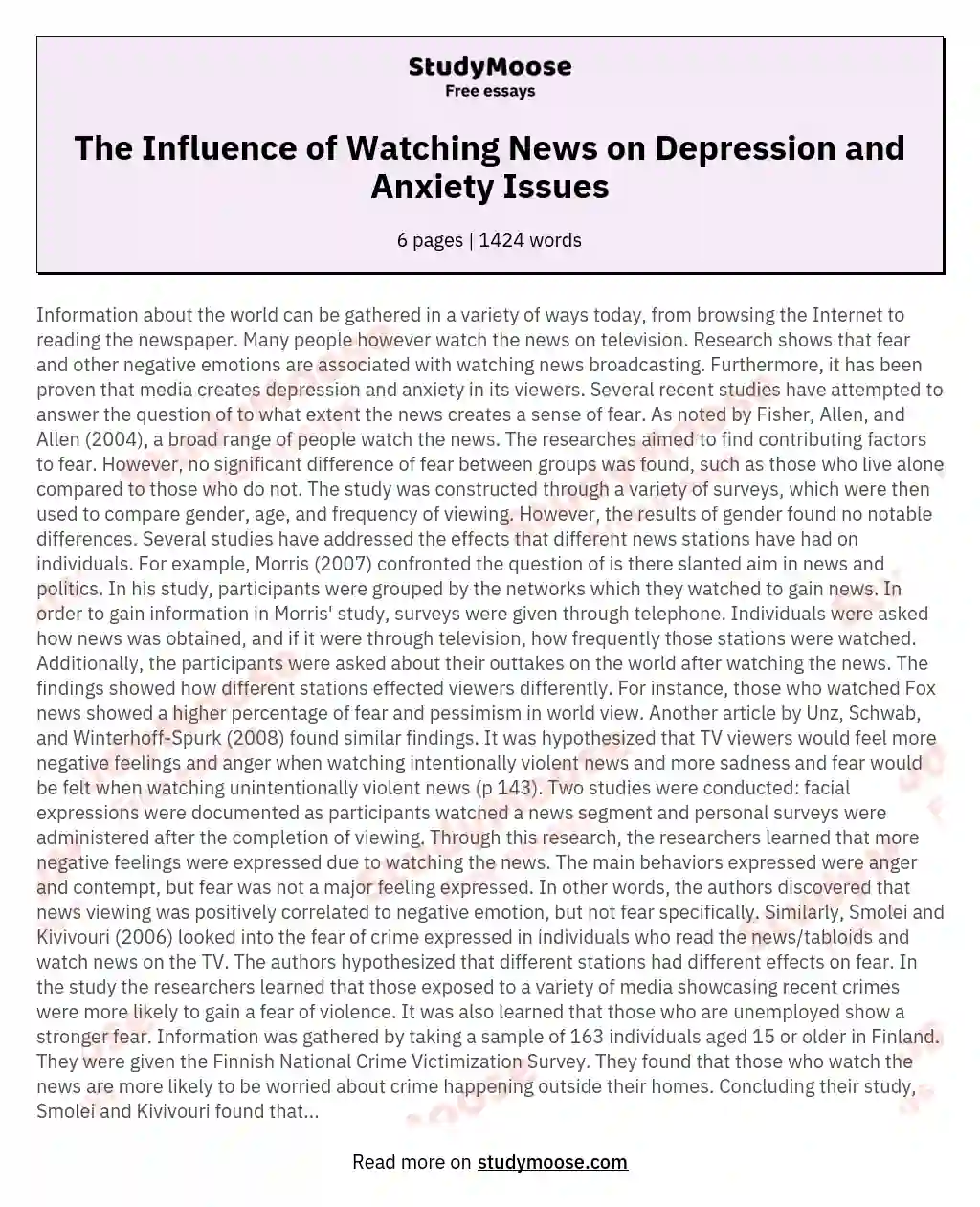 The Influence of Watching News on Depression and Anxiety Issues essay